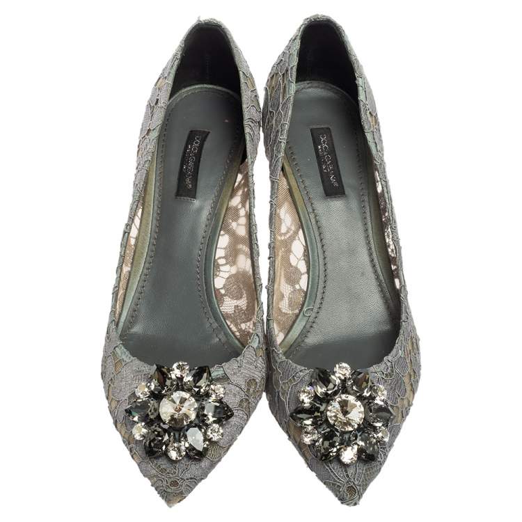 Pre Owned Dolce & Gabbana Grey Lace And Mesh Bellucci Crystal Embellished Pumps Size 39