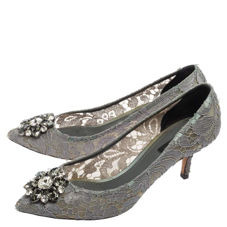 Pre Owned Dolce & Gabbana Grey Lace And Mesh Bellucci Crystal Embellished Pumps Size 39
