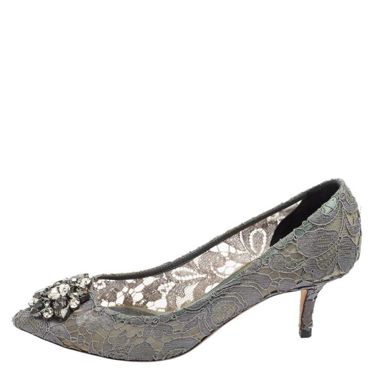 Pre Owned Dolce & Gabbana Grey Lace And Mesh Bellucci Crystal Embellished Pumps Size 39