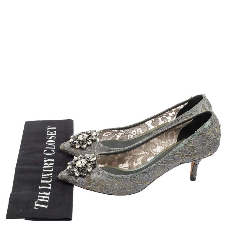 Pre Owned Dolce & Gabbana Grey Lace And Mesh Bellucci Crystal Embellished Pumps Size 39