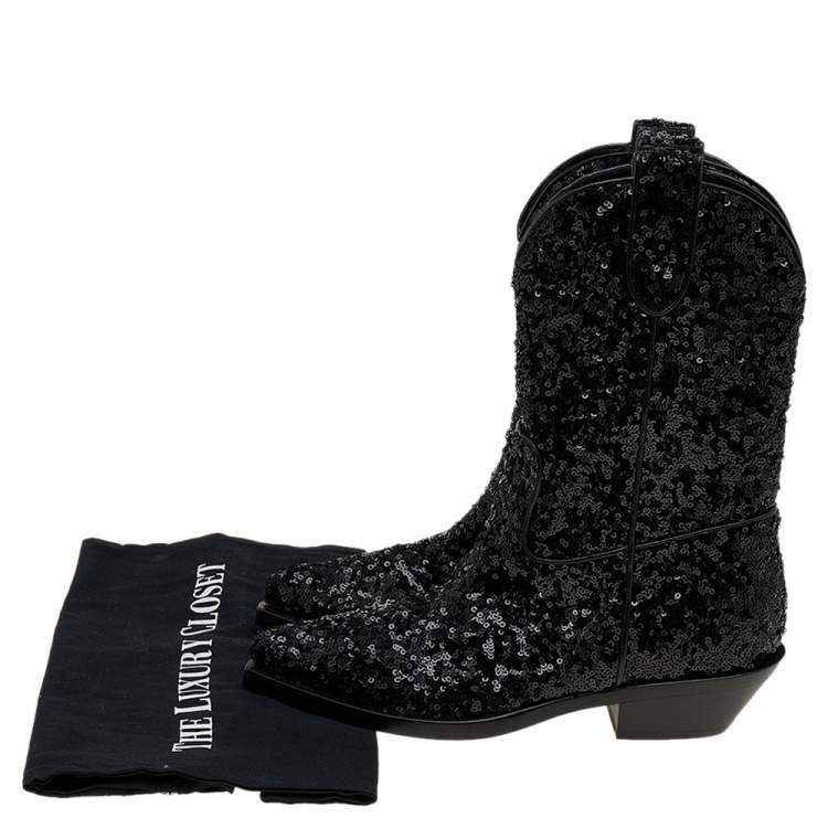 Pre Owned Dolce & Gabbana Black Sequins Boots Size 36.5