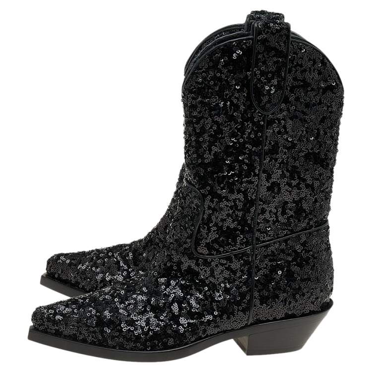 Pre Owned Dolce & Gabbana Black Sequins Boots Size 36.5