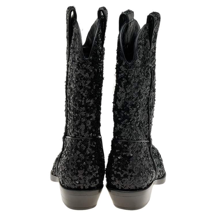Pre Owned Dolce & Gabbana Black Sequins Boots Size 36.5