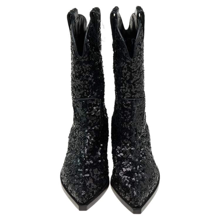 Pre Owned Dolce & Gabbana Black Sequins Boots Size 36.5