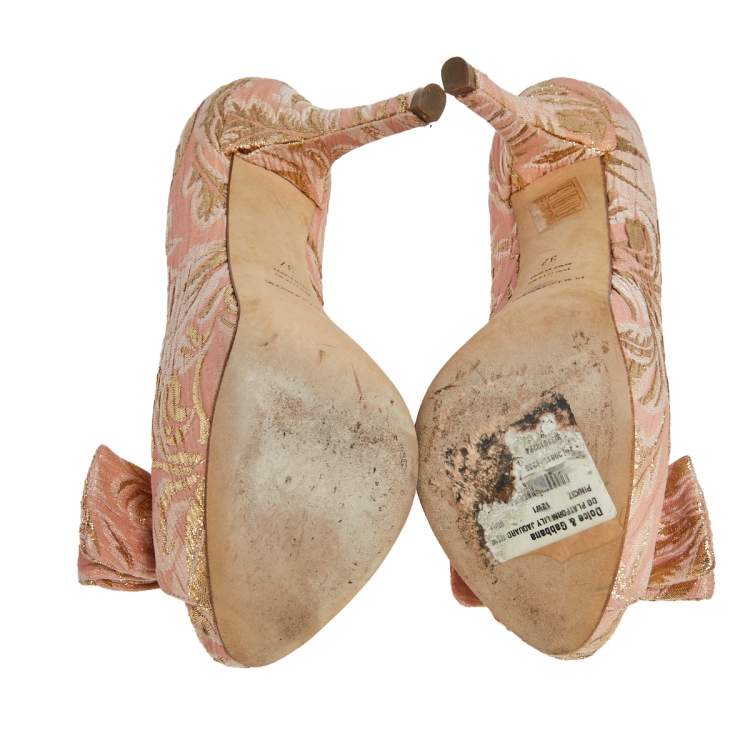 Pre Owned Dolce & Gabbana Beige Brocade Fabric  Peep Toe Bow Platform  Pumps Size 37