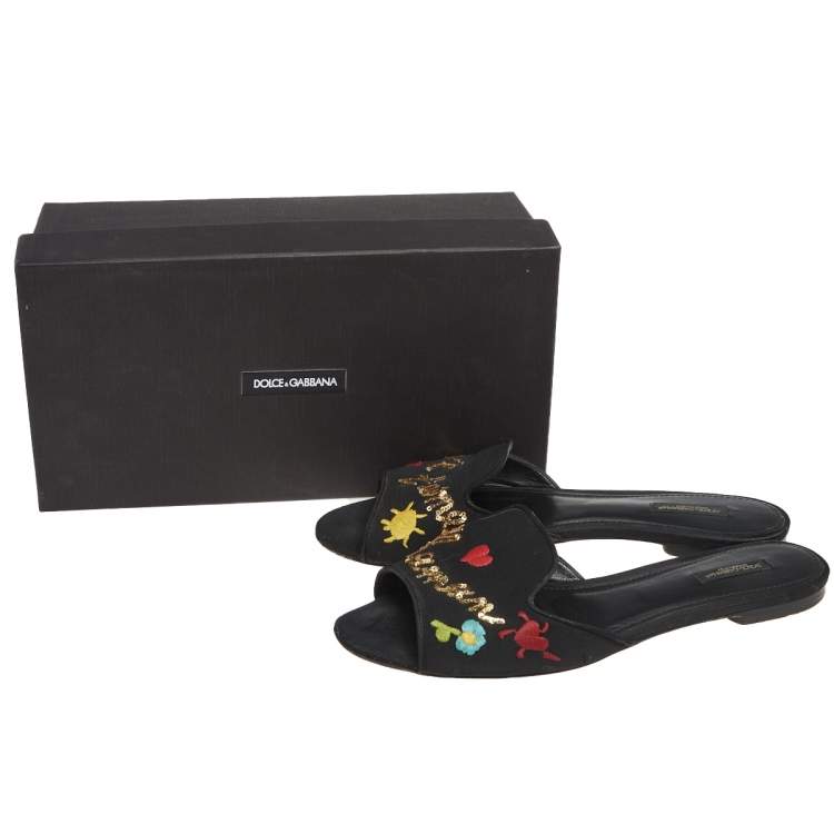 Pre Owned Dolce & Gabbana Black Canvas Embroidery Flat Sandals Size 41