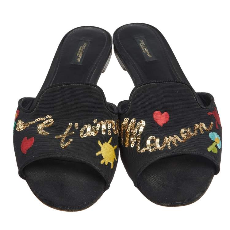 Pre Owned Dolce & Gabbana Black Canvas Embroidery Flat Sandals Size 41