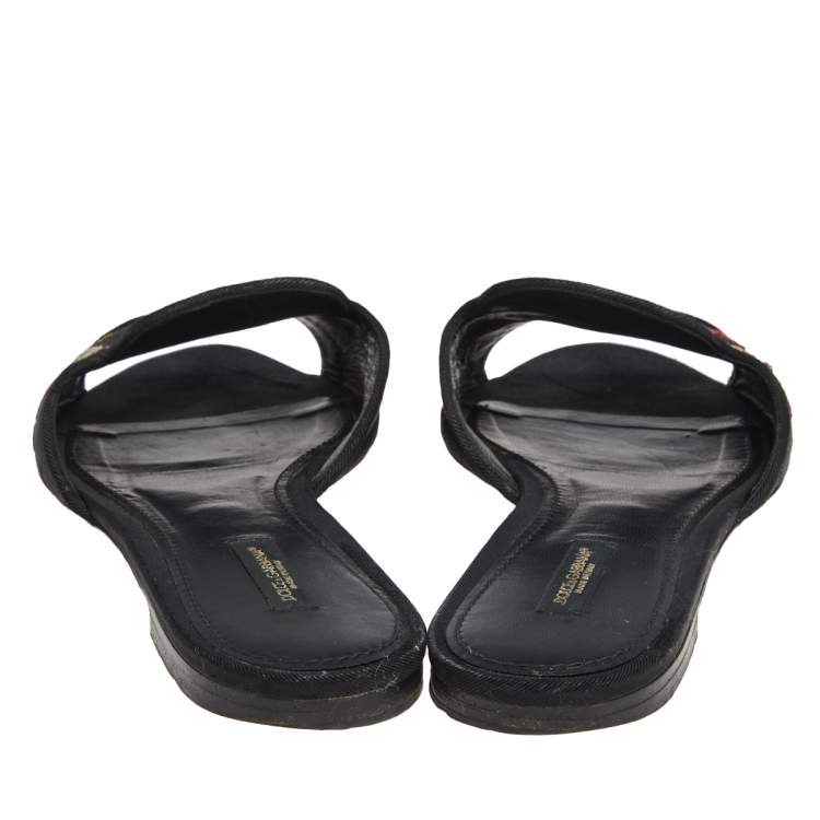 Pre Owned Dolce & Gabbana Black Canvas Embroidery Flat Sandals Size 41