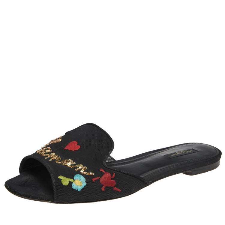 Pre Owned Dolce & Gabbana Black Canvas Embroidery Flat Sandals Size 41