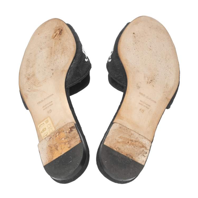 Pre Owned Dolce & Gabbana Black Brocade Fabric Crystal Embellished Flat Slides Size 40