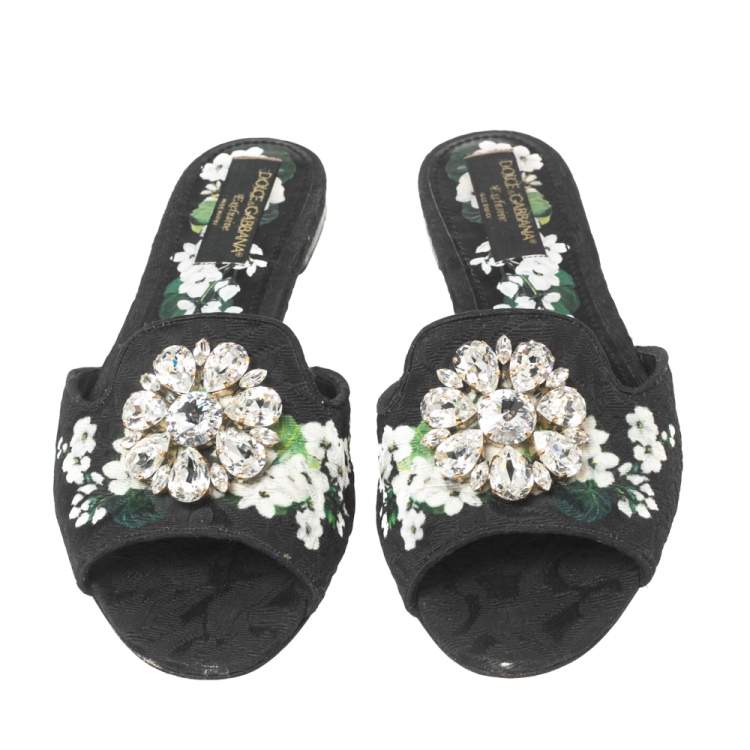 Pre Owned Dolce & Gabbana Black Brocade Fabric Crystal Embellished Flat Slides Size 40