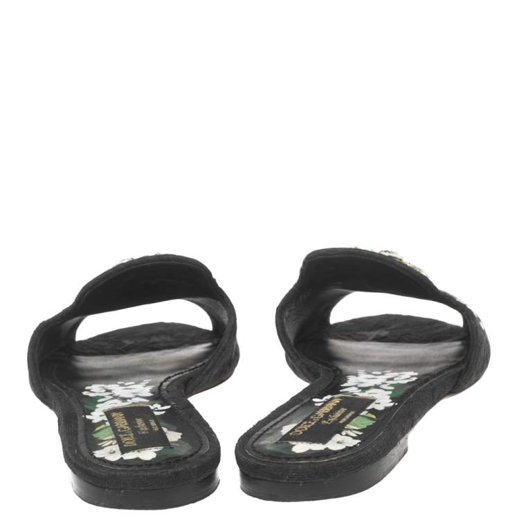Pre Owned Dolce & Gabbana Black Brocade Fabric Crystal Embellished Flat Slides Size 40