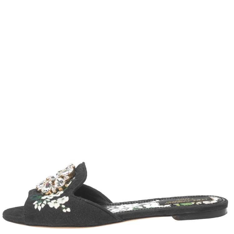 Pre Owned Dolce & Gabbana Black Brocade Fabric Crystal Embellished Flat Slides Size 40