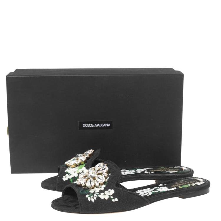 Pre Owned Dolce & Gabbana Black Brocade Fabric Crystal Embellished Flat Slides Size 40