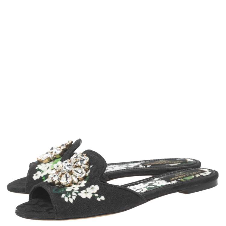Pre Owned Dolce & Gabbana Black Brocade Fabric Crystal Embellished Flat Slides Size 40
