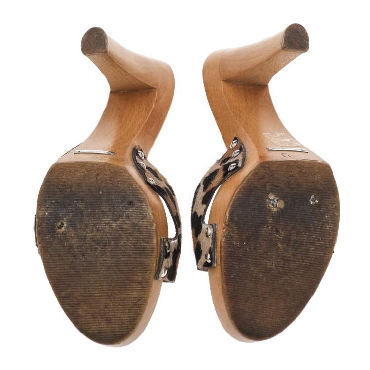 Pre Owned Dolce & Gabbana Brown Leopard Print Calf Hair Wooden Clog Slide Sandals Size 39