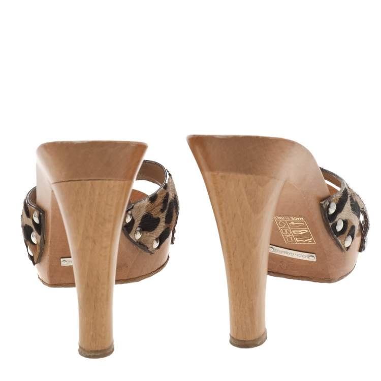 Pre Owned Dolce & Gabbana Brown Leopard Print Calf Hair Wooden Clog Slide Sandals Size 39