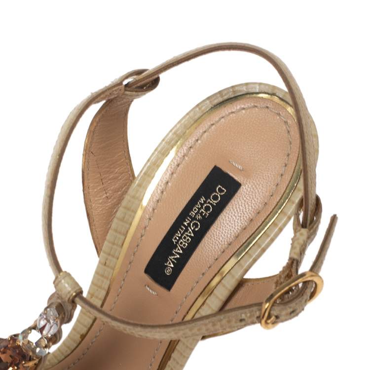 Pre Owned Dolce & Gabbana Beige Lizard Embossed Leather Crystal Embellished T-Strap Sandals Size 37