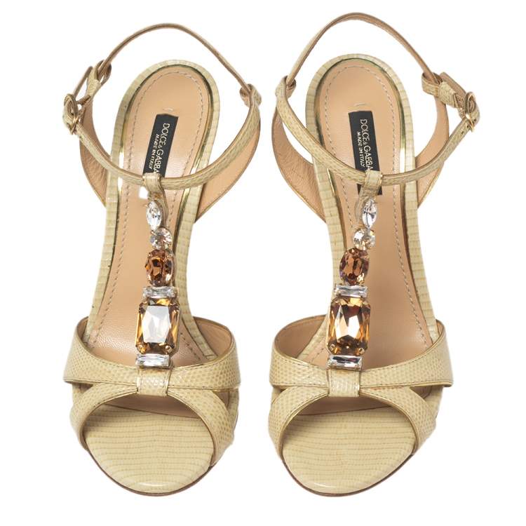 Pre Owned Dolce & Gabbana Beige Lizard Embossed Leather Crystal Embellished T-Strap Sandals Size 37