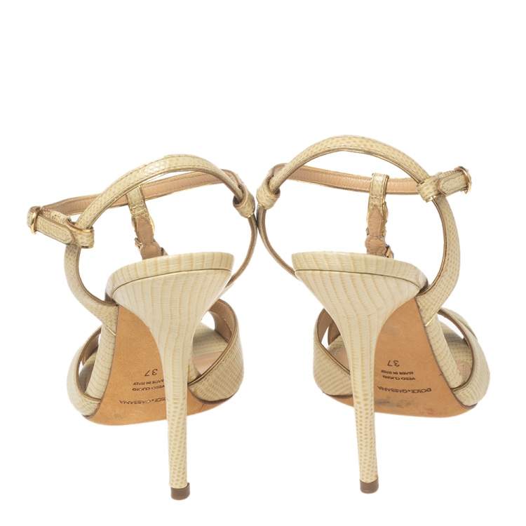 Pre Owned Dolce & Gabbana Beige Lizard Embossed Leather Crystal Embellished T-Strap Sandals Size 37