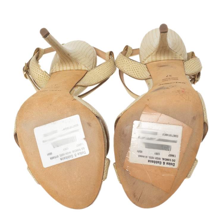 Pre Owned Dolce & Gabbana Beige Lizard Embossed Leather Crystal Embellished T-Strap Sandals Size 37
