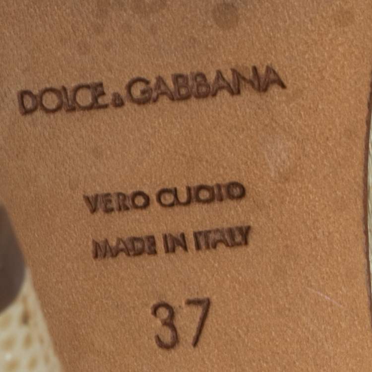 Pre Owned Dolce & Gabbana Beige Lizard Embossed Leather Crystal Embellished T-Strap Sandals Size 37