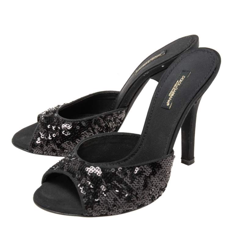 Pre Owned Dolce & Gabbana Black Sequins Open Toe Slides Sandals Size 36.5