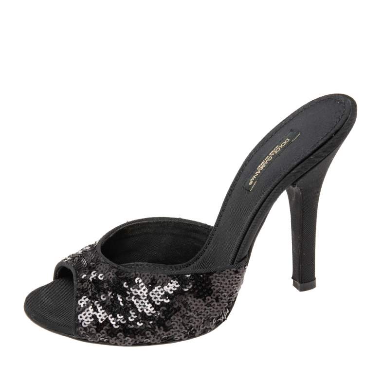 Pre Owned Dolce & Gabbana Black Sequins Open Toe Slides Sandals Size 36.5