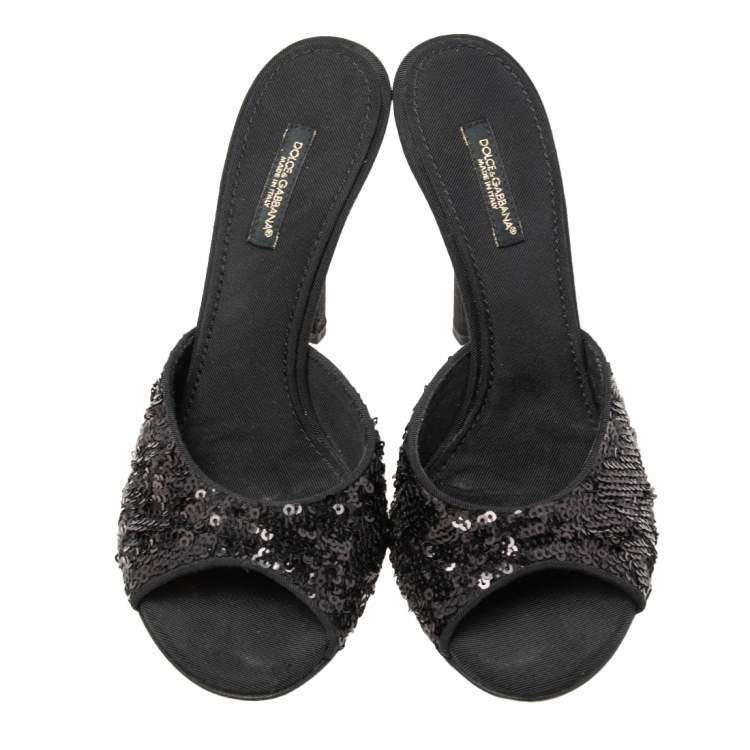 Pre Owned Dolce & Gabbana Black Sequins Open Toe Slides Sandals Size 36.5