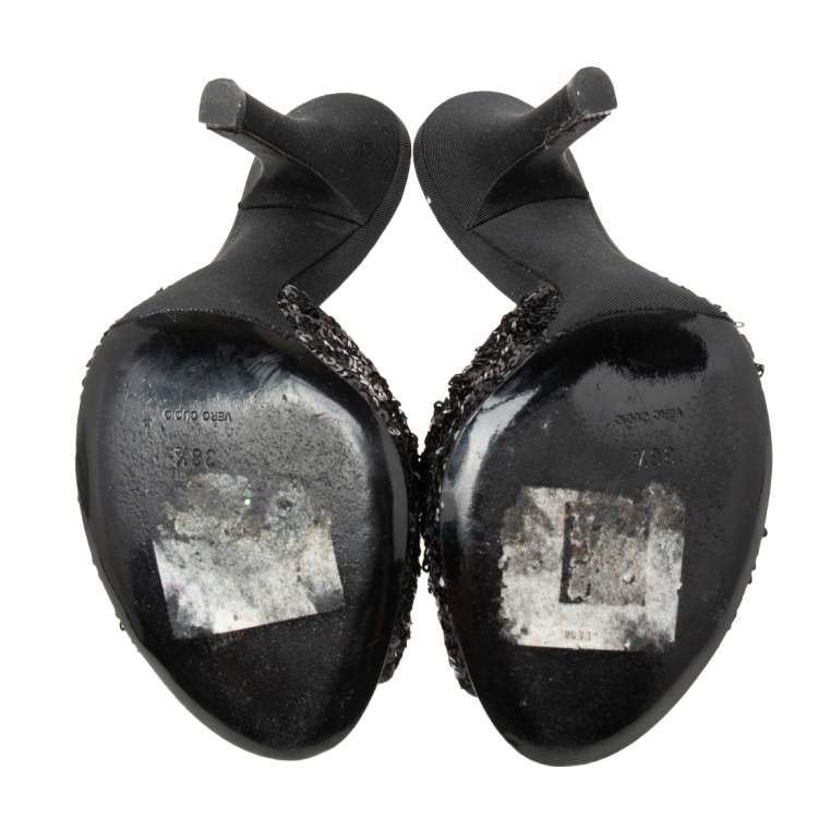 Pre Owned Dolce & Gabbana Black Sequins Open Toe Slides Sandals Size 36.5