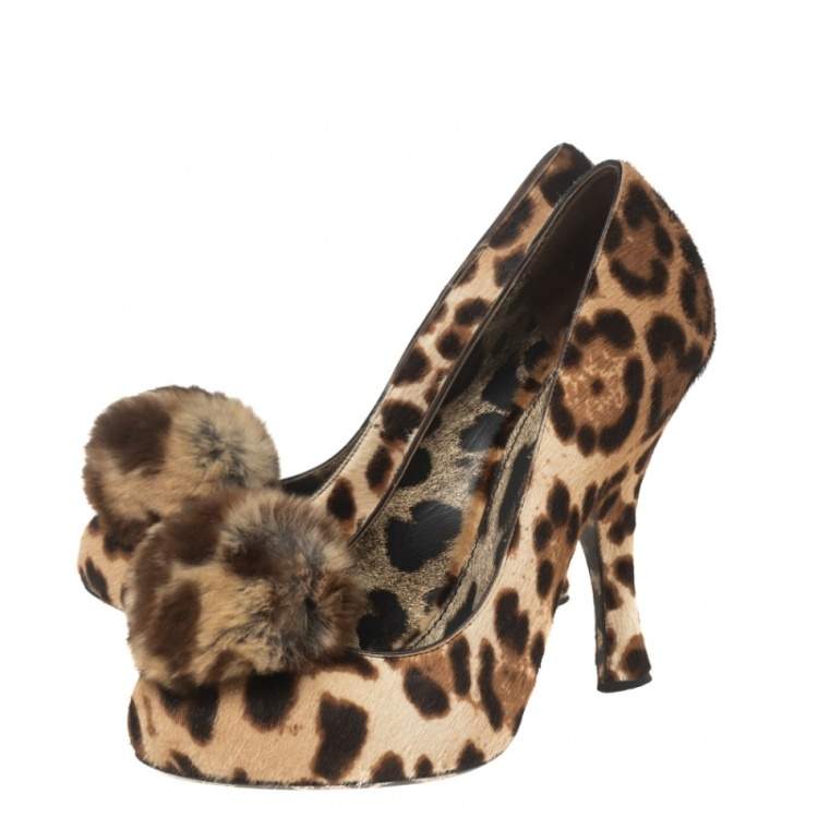 Pre Owned Dolce & Gabbana Brown/Beige Leopard Print Calf Hair Pom Pom Pumps Size 37