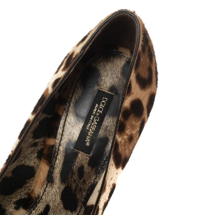 Pre Owned Dolce & Gabbana Brown/Beige Leopard Print Calf Hair Pom Pom Pumps Size 37