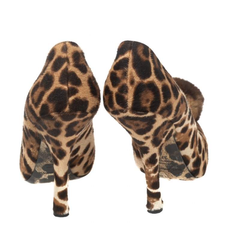Pre Owned Dolce & Gabbana Brown/Beige Leopard Print Calf Hair Pom Pom Pumps Size 37