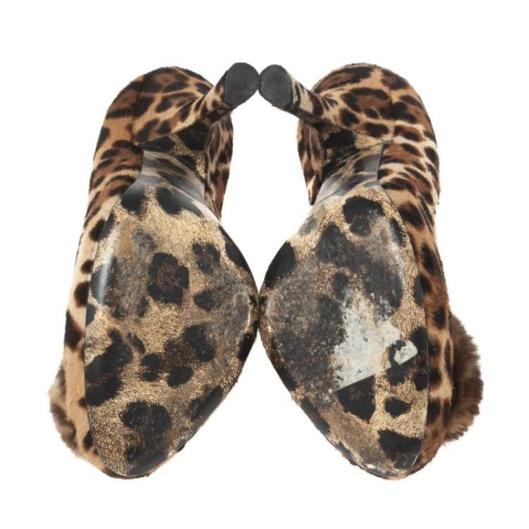 Pre Owned Dolce & Gabbana Brown/Beige Leopard Print Calf Hair Pom Pom Pumps Size 37