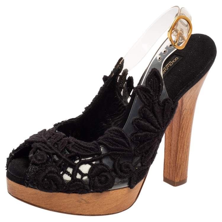 Pre Owned Dolce & Gabbana Black Lace, Raffia and PVC Slingback Peep-Toe Platform Sandals Size 36.5