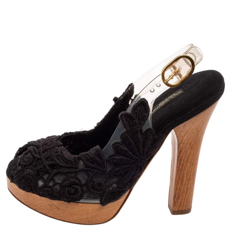 Pre Owned Dolce & Gabbana Black Lace, Raffia and PVC Slingback Peep-Toe Platform Sandals Size 36.5