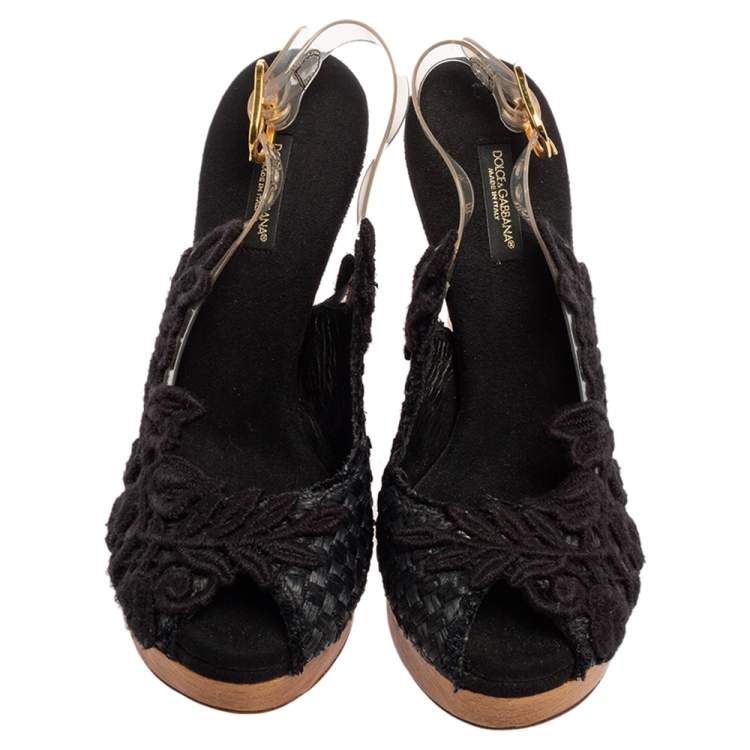 Pre Owned Dolce & Gabbana Black Lace, Raffia and PVC Slingback Peep-Toe Platform Sandals Size 36.5