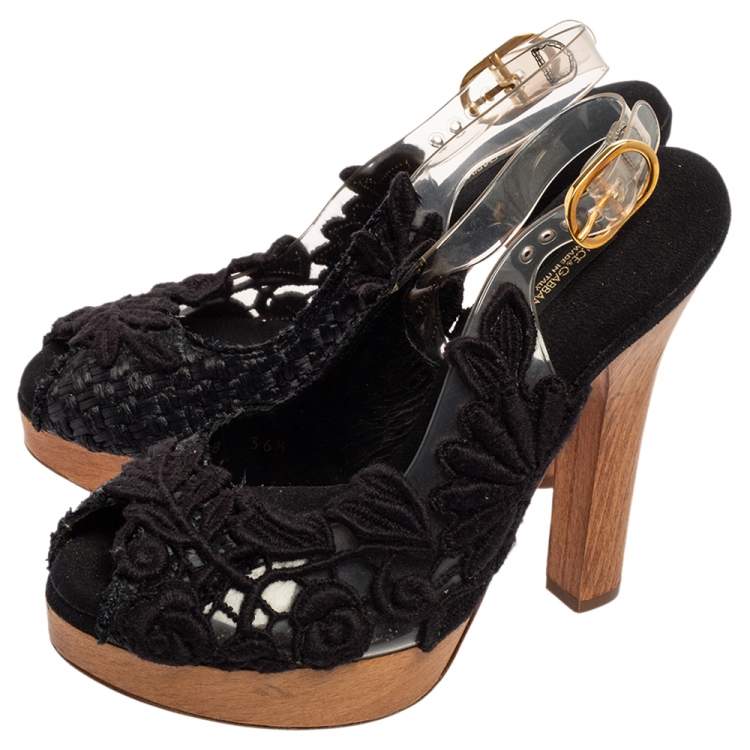 Pre Owned Dolce & Gabbana Black Lace, Raffia and PVC Slingback Peep-Toe Platform Sandals Size 36.5