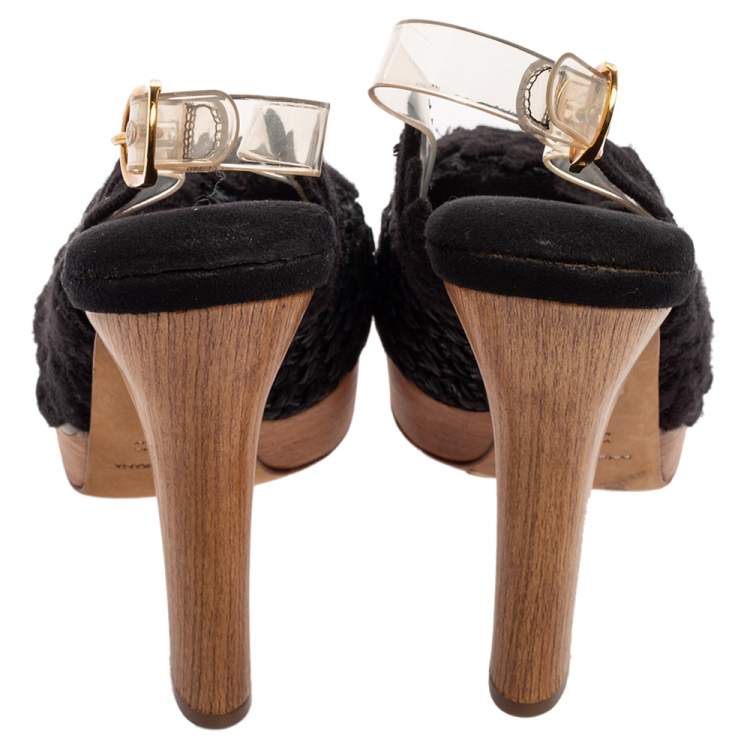 Pre Owned Dolce & Gabbana Black Lace, Raffia and PVC Slingback Peep-Toe Platform Sandals Size 36.5