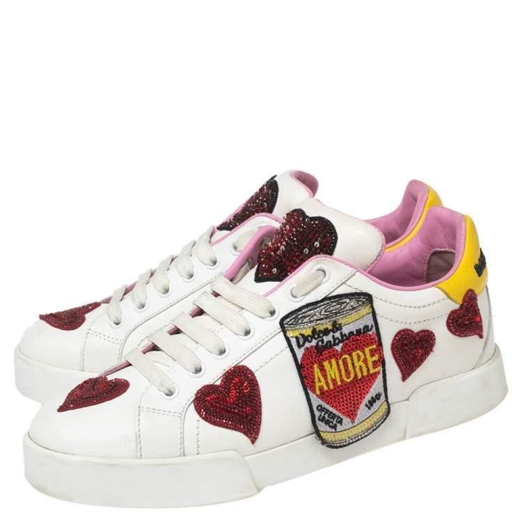 Pre Owned Dolce & Gabbana White Leather Queen Of Hearts Lace-up Sneakers Size 38.5