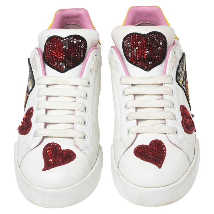 Pre Owned Dolce & Gabbana White Leather Queen Of Hearts Lace-up Sneakers Size 38.5
