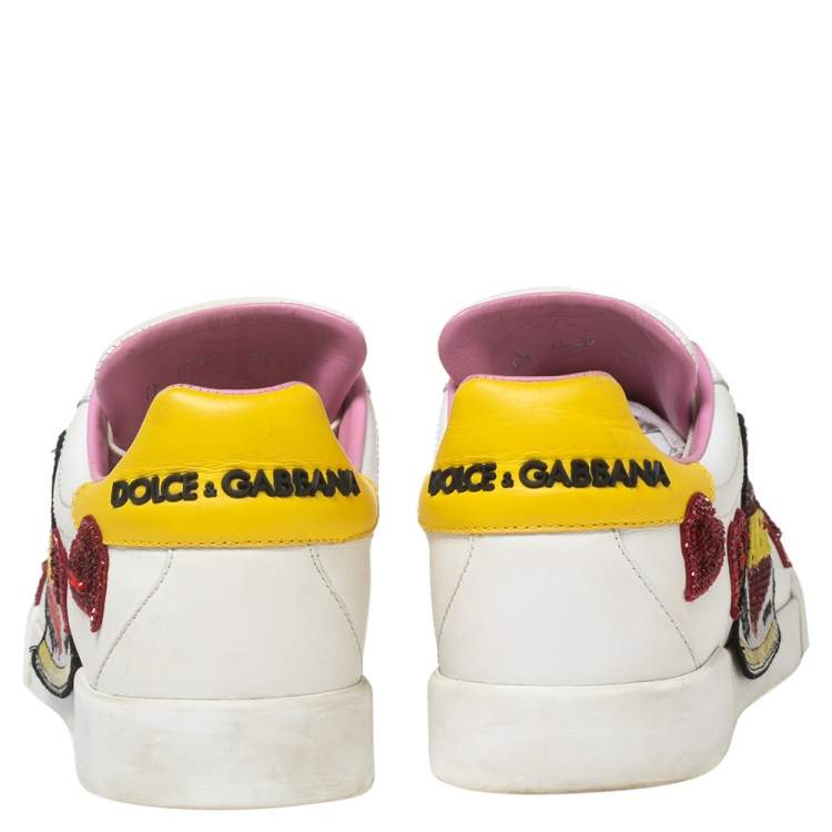 Pre Owned Dolce & Gabbana White Leather Queen Of Hearts Lace-up Sneakers Size 38.5
