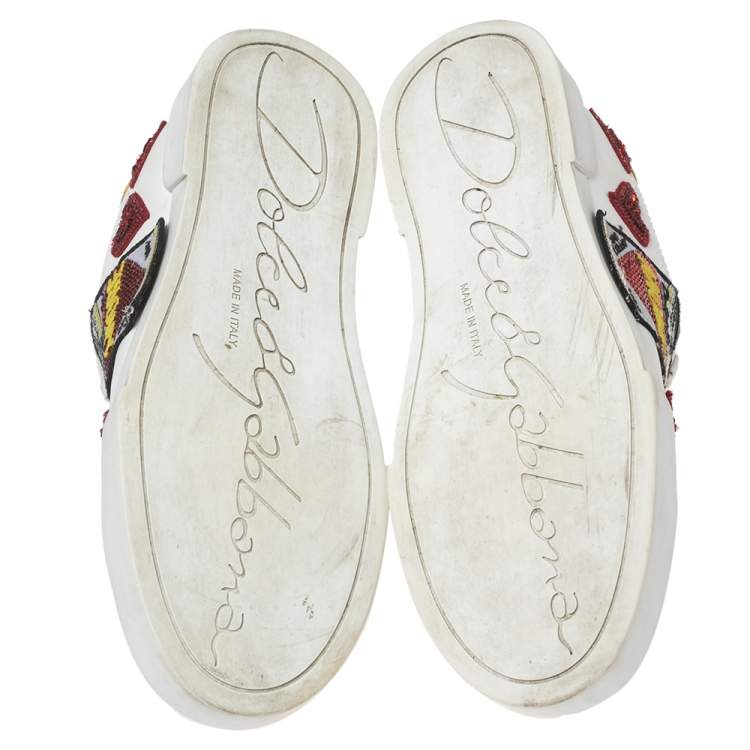 Pre Owned Dolce & Gabbana White Leather Queen Of Hearts Lace-up Sneakers Size 38.5
