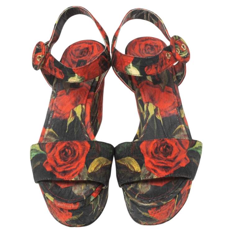Pre Owned Dolce & Gabbana Multicolor Floral Print Canvas Ankle Strap Wedge Sandals Size 36.5