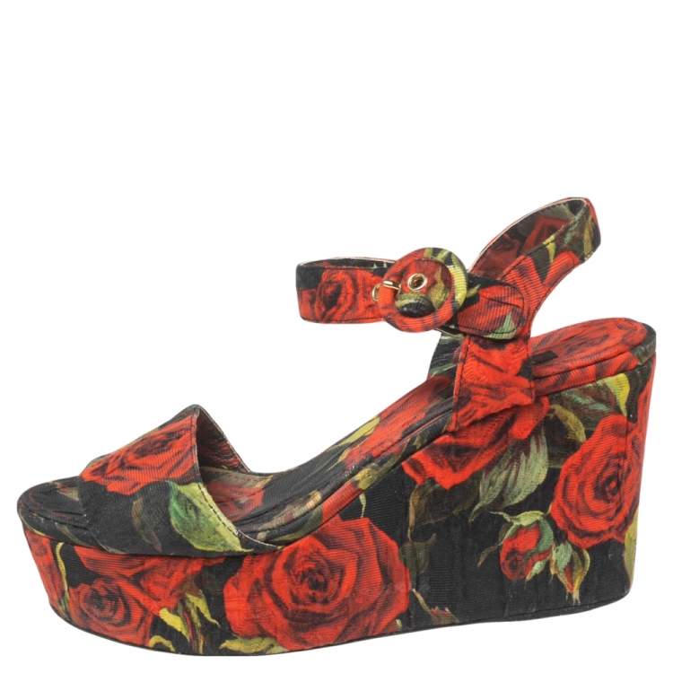 Floral Graphic Ankle Strap Wedge Sandals