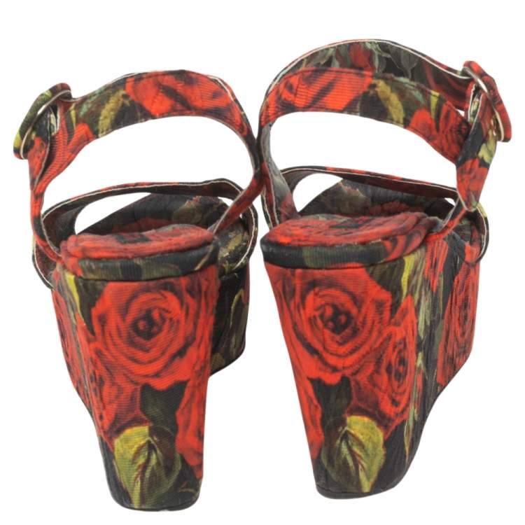Pre Owned Dolce & Gabbana Multicolor Floral Print Canvas Ankle Strap Wedge Sandals Size 36.5