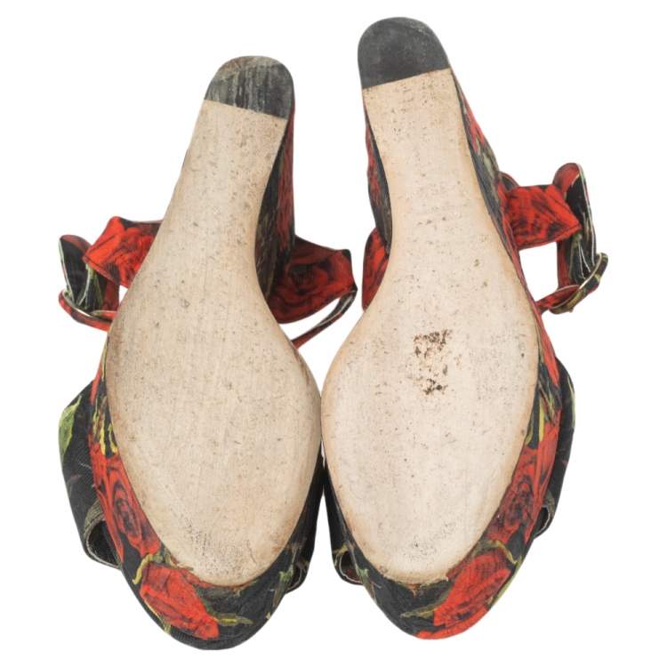 Pre Owned Dolce & Gabbana Multicolor Floral Print Canvas Ankle Strap Wedge Sandals Size 36.5