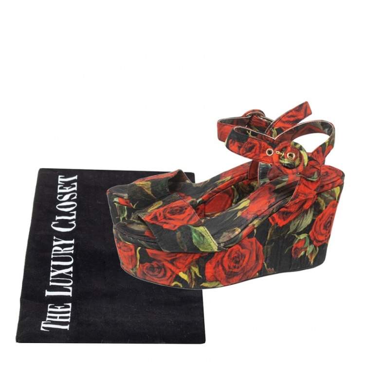 Pre Owned Dolce & Gabbana Multicolor Floral Print Canvas Ankle Strap Wedge Sandals Size 36.5