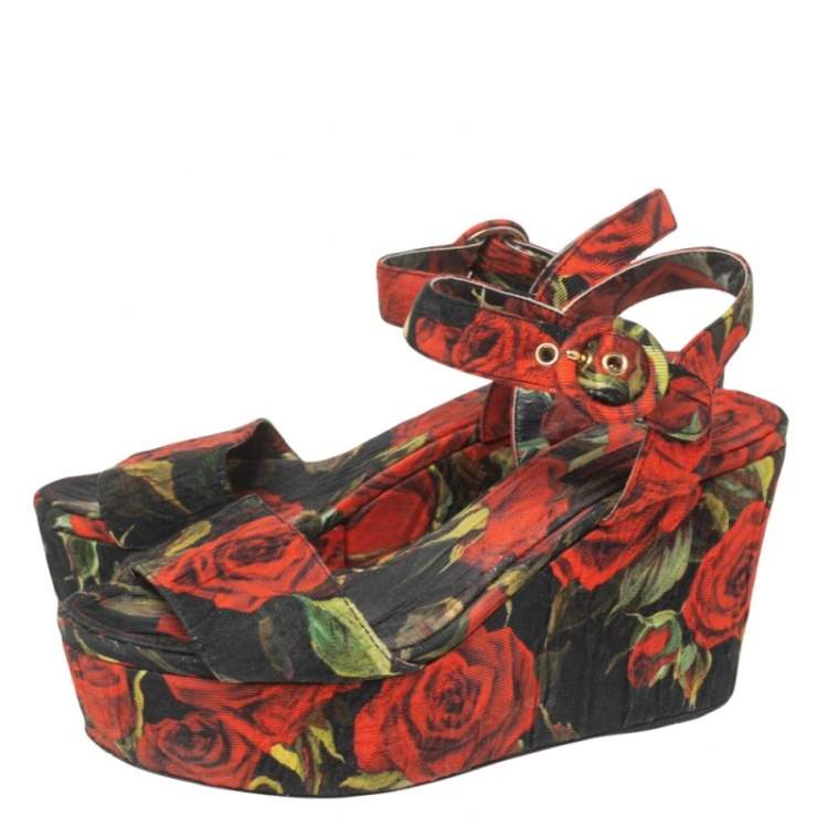 Pre Owned Dolce & Gabbana Multicolor Floral Print Canvas Ankle Strap Wedge Sandals Size 36.5