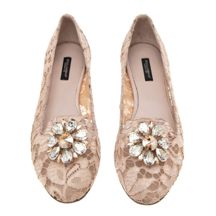 Pre Owned Dolce & Gabbana Pink Lace Crystal Embellished Taormina Ballet Flats Size 40